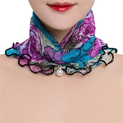 Neck Collar Print Scarf Ruffle Lace Scarf Pearl Pendant Scarves Bandana Headband - Picture 7 of 20