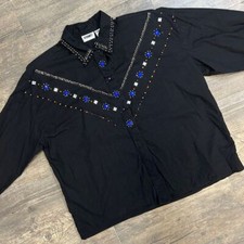 Gitano Vintage Button Shirt Women Size Medium Black Beaded Shoulder Pads 206