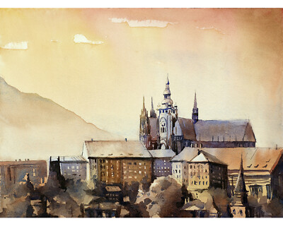 Painting of Prague Castle, Czech Republic skyline fine art watercolor (print)