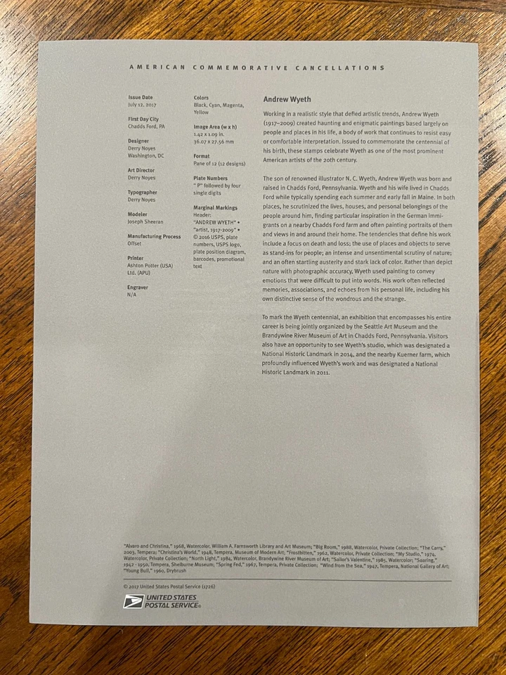 American Commemorative Cancellations #1726, 2017 Andrew Wyeth (5212) - Image 2 of 4