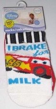 NEW DISNEY CARS BABY SOCKS 2 PK White "I Brake For Milk" 6-12 mos