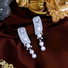 Women Elegant Silver Plated Long Pearl Drop Earrings Cubic Zircon Bridal Jewelry