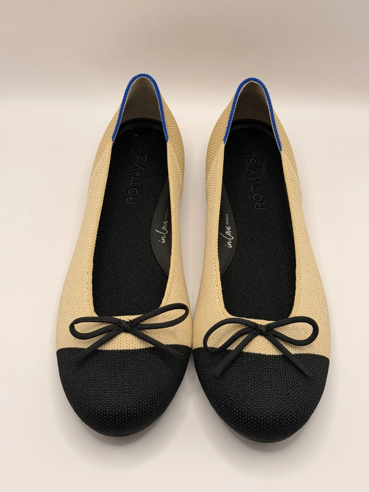 Rothy's Womens Knit Cream & Black Bow Ballet Flat Sz 8.5