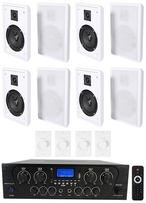 Rockville 4-Room Home Audio Kit Stereo+8) White Slim Wall Speakers+Wall Controls