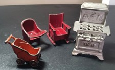 Lot Of Vintage Kilgore Cast Iron Metal Dollhouse Miniature Furniture Stove Buggy