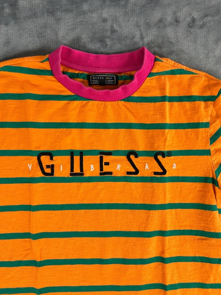 Vintage GUESS Originals Striped T-Shirt Mens Small Orange Pink Spell out - Image 2 of 4