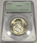 1954 P Franklin Silver Half Dollar PCGS MS64 OGH Rattler Blast White Coin