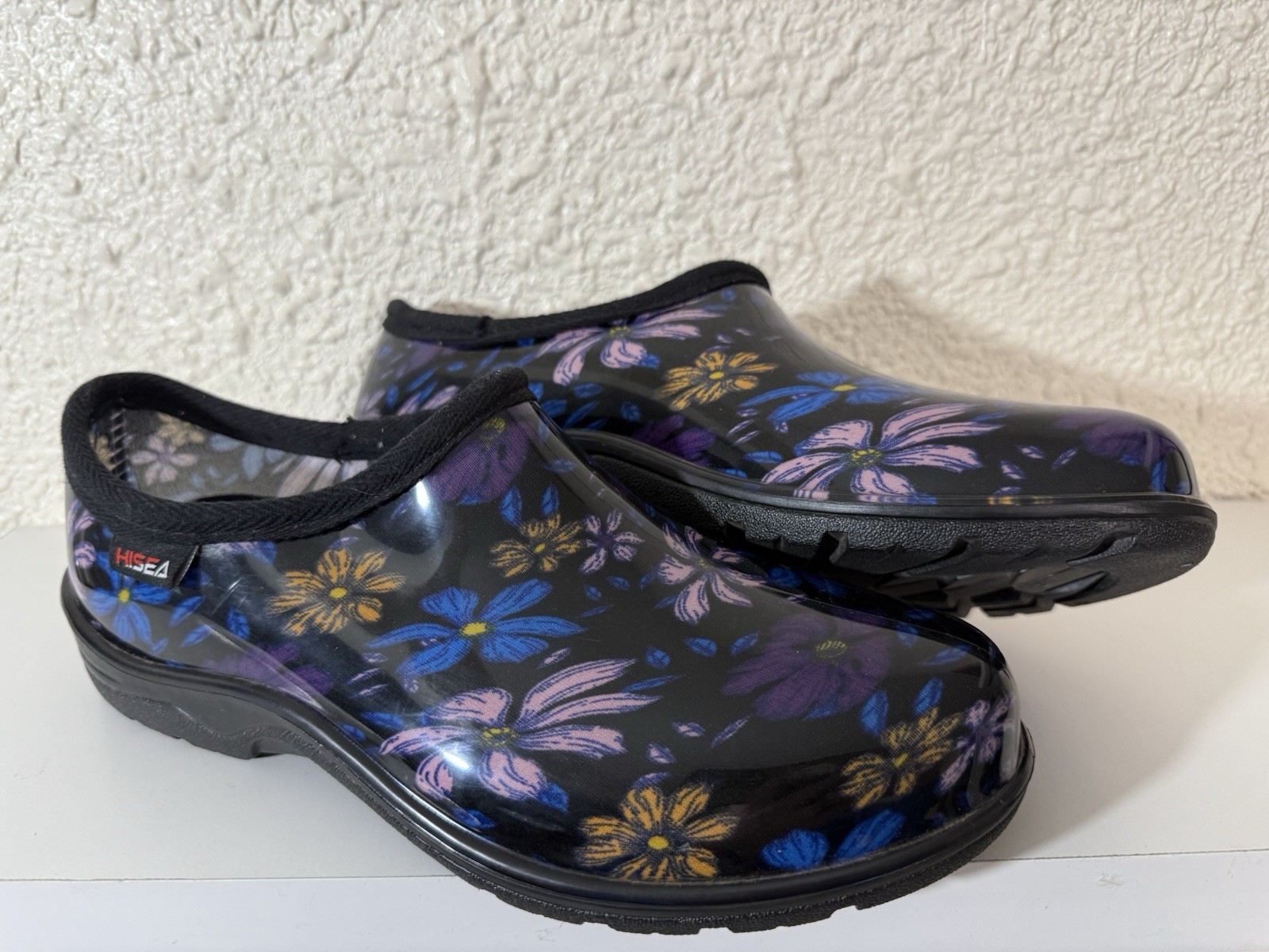 NEW Hisea Women's Garden Rain Shoe Waterproof Outdoor Slip-On Blk/Floral Size 10