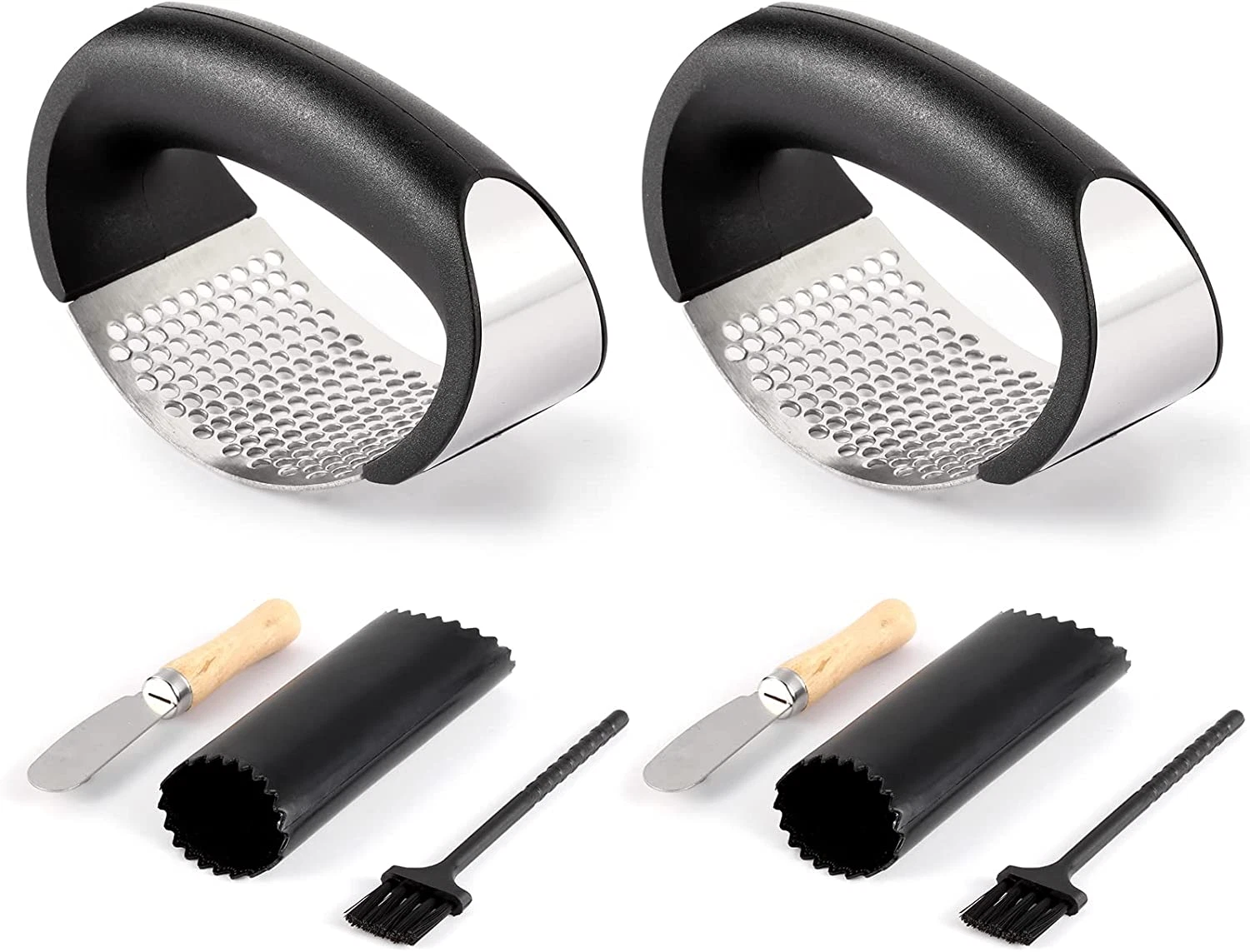 2 Pack Prensa De Ajo Acero Inoxidable Con 2 Peladores 2 Raspadores Y 2 Cepillos