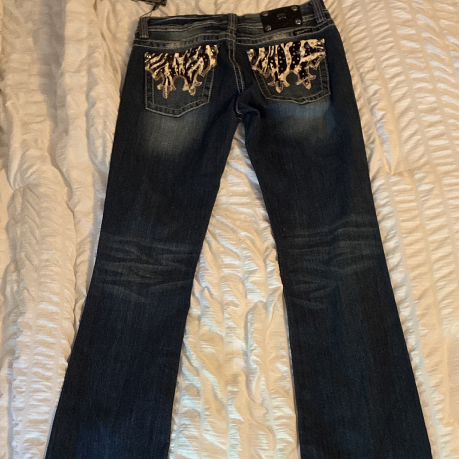 Miss Me Women’s Bootcut Jeans Dark Wash Blue Zebra Print Rhinestone Pockets