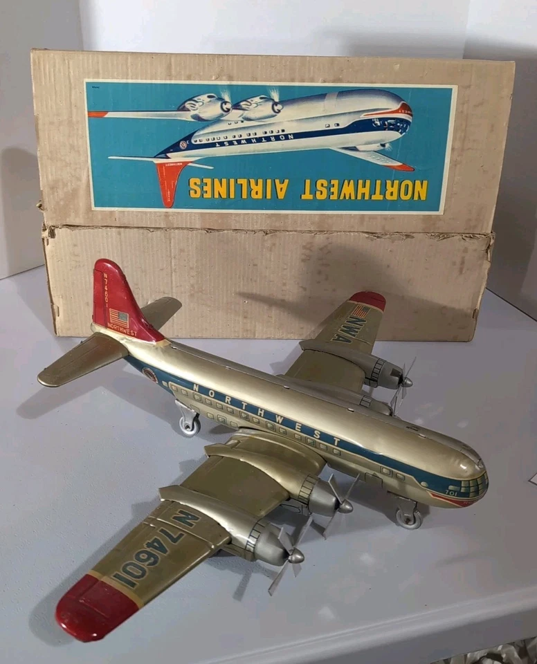 Northwest Airlines Spielzeug großes Blechflugzeug in OVP Friktion
