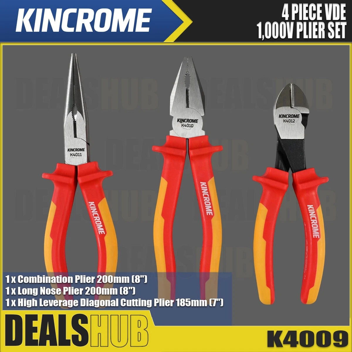 KINCROME 3 PCE VDE 1000V Insulated Plier Set Comfortable Grip CRV Heads K4009