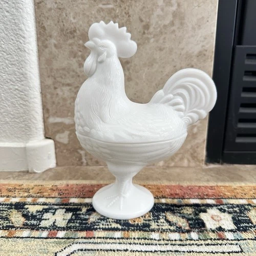 Vintage Milk glass Dish Standing Rooster, Westmoreland Style 8 1/2”
