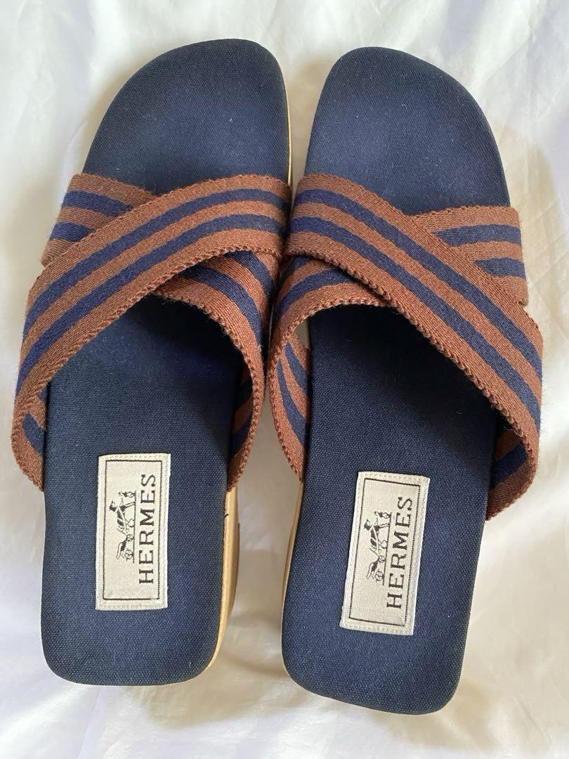 APL Hermes Sandali Donna Cinturino Tela EU 38 Navy x Marrone dal Giappone 89983K Authen