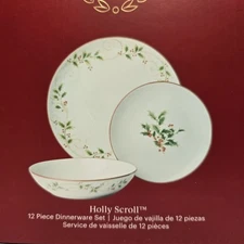LENOX Holly Scroll 12 Piece Christmas Dinnerware Set Plates Bowls PORCELAIN New