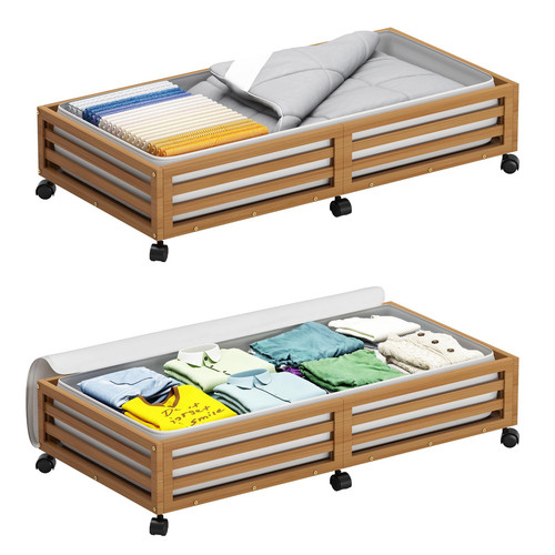 Bamboo Under Bed Storage Containers- Underbed Organizer with Wheels with Larg...