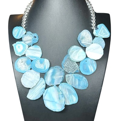 BARSE Blue Agate Geode Quartz Crystal Sliced Huge Necklace 925 Sterling Silver