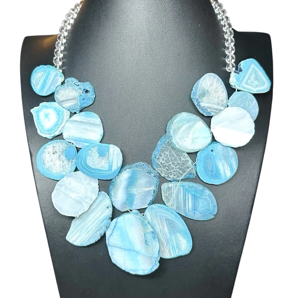 Enorme collar de plata de ley 925 con rodajas de cristal de cuarzo geoda ágata azul BARSA