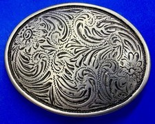 Flower Floral Scroll Swirl Ornate Silver Color Western Oval Belt Buckle