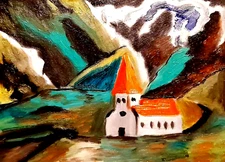 Iceland Oil Painting Church In Mountains Illustration Art Landscape Artwork