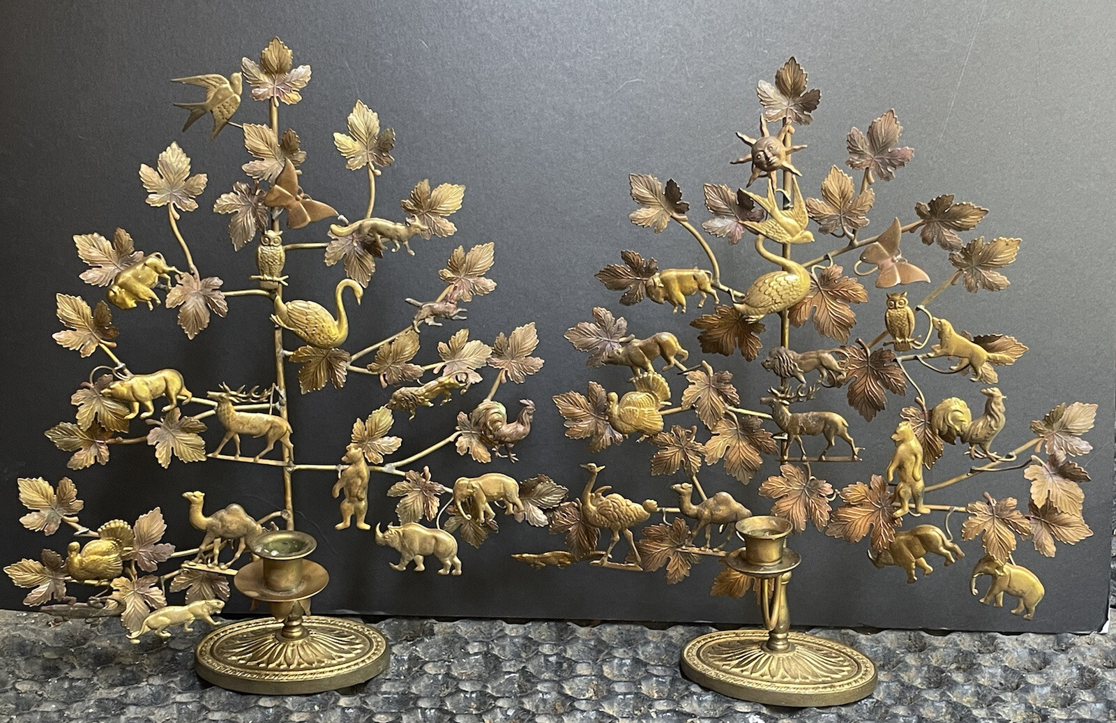 RARE Vintage PAIR Candle Holders DRESDEN Brass HOLIDAY Animals Antique Metal MCM