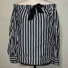 J. CREW size XS off the shoulder striped blouse dark grey white black bow front