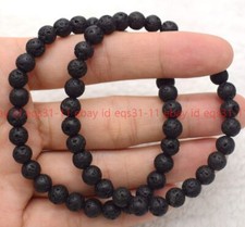 Genuine Natural 6mm Black Lava Rock Round Gemstone Beads Bracelet 7.5''