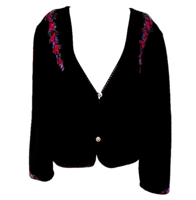 Black Wool Jacket Blazer Women's Embroidered Designed By Dean's L Large Vintage 