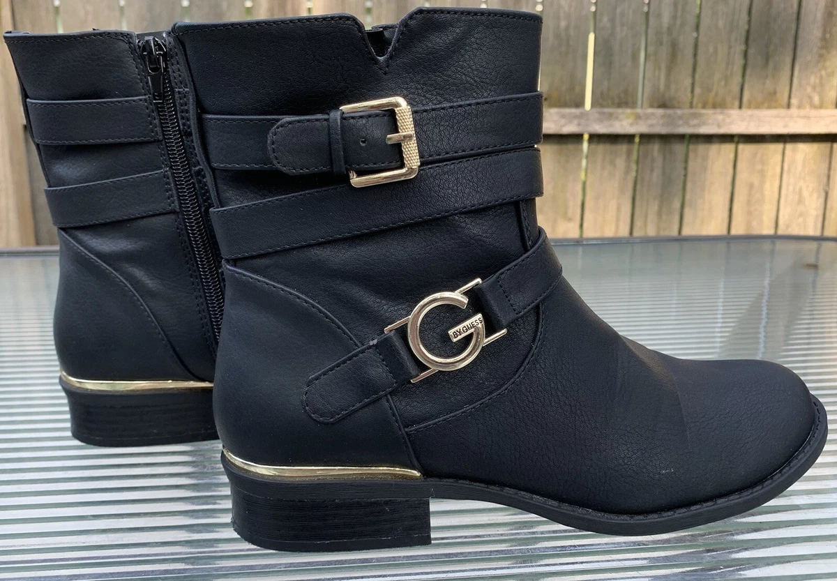 Guess GG Harlin Black Combat Boots W Gold Accents Women Size 9.5