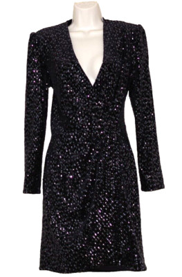 Maje Rivy Black Velvet Sequin V-neck Long Sleeve mini Wrap dress Size:3