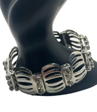 Retro silver tone large oval link statement bracelet clear rhinestones vintage 