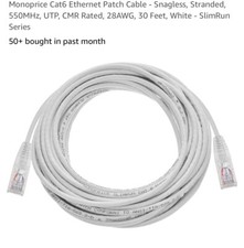 Monoprice Cat6 Ethernet Patch Cable Snagless, RJ45 Standard 550MHz 30ft White-A1