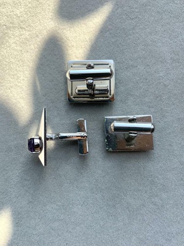 Cufflinks Japan Vintage Solid Silver Amethyst Opal Gemstones Men's Jewelry 70s - Picture 2 of 9