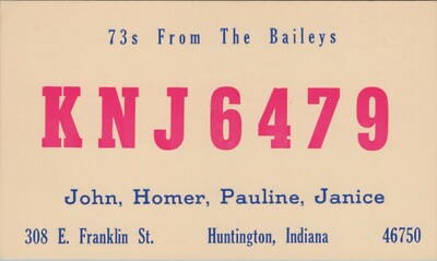 CB radio QSL postcard John Homer Pauline Janice Bailey 1970s Huntington Indiana