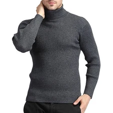 Men Wool Blend Knitted Sweater Long Sleeve Turtleneck Slim Fit Pullover Tops