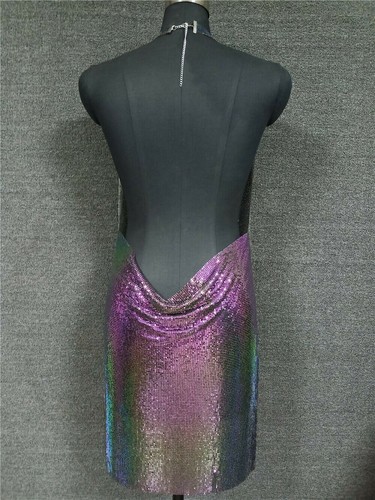 Mujeres Sexy Vestido Halter Cuello en V Sin Espalda Malla Metálica Noche Fiesta Hendidura - Imagen 26 de 30