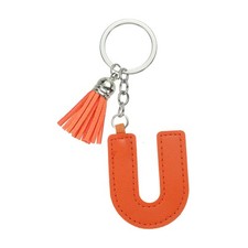Initial Letter Keychain, Cute Leather Keychains with Tassel Letter U, Brown