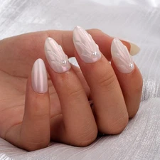 evpct Chrome Press on Nails Short Almond, Glazed Aurora White Holographic Glo...