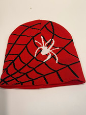 Red Knit Beanie Hat Spiderweb Pattern White Spider Unisex Adults Stretch