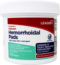 Leader Medicated Hemorrhoidal Pads Witch Hazel 50%, 100 Count (Pack Of 2)