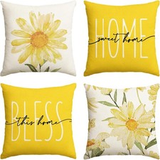 Home Sweet Home Spring Summer Flowers Yellow Throw Pillow Covers, 18 x 18 Inch