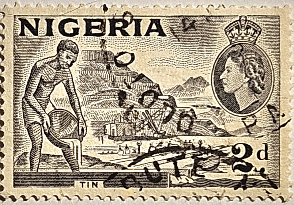 Nigeria 1953, "Tin Miner", sello usado de 2 peniques, Sc-#83, emisión QEII, ENVÍO GRATUITO Foto 3 de 4