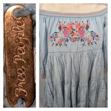 Women's Mini Dress Free People Sunbeams Off the Shoulder Tiered Embroidered Blue