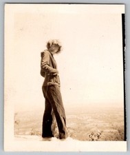 Vtg B&W Snapshot Woman In Jacket And Trousers Standing On Scenic Overlook 1940s