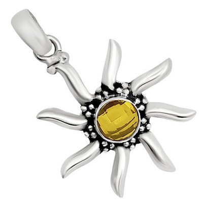 Sun - Natural Citrine Checker 925 Sterling Silver Pendant Jewelry P-1263