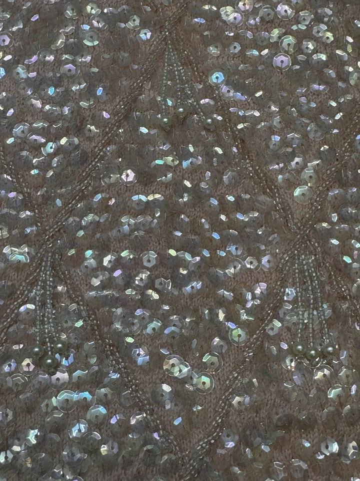 Camiseta sin mangas vintage rosa lentejuelas con cuentas 100 % lana tejido flecos talla pequeña Foto 3 de 4