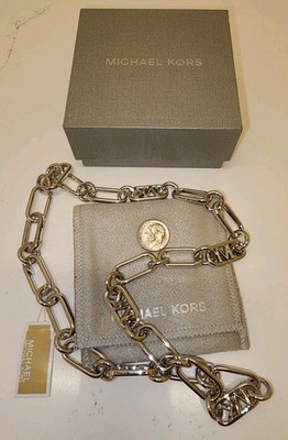 Michael Kors Silvertone Chain Links MK Signature Brass Necklace $325 NWT Rare!