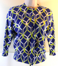 Crown  Ivy Blue Lime Green Geometric Cotton Blend Cardigan Sweater size SMALL