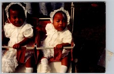 Vtg Color Snapshot Two Babies In White Frilly Dresses & Bonnets In Stroller