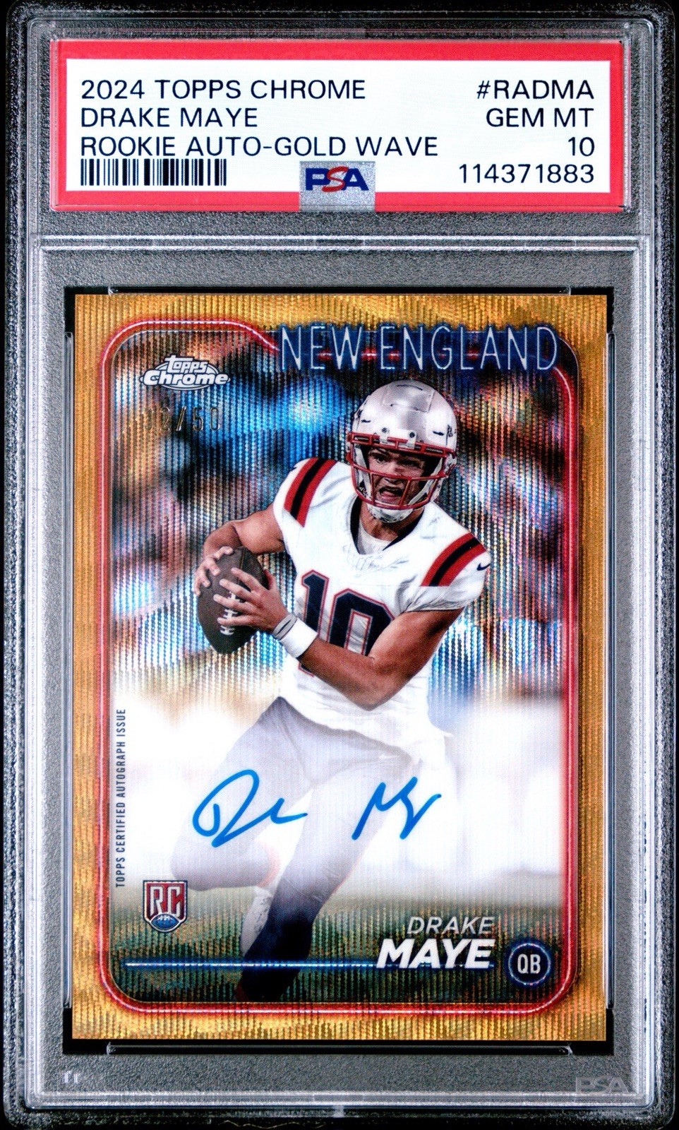 PSA 10 GEM 💎 2024 Topps Chrome Drake Maye Gold Wave Refractor Auto RC /50 MVP
